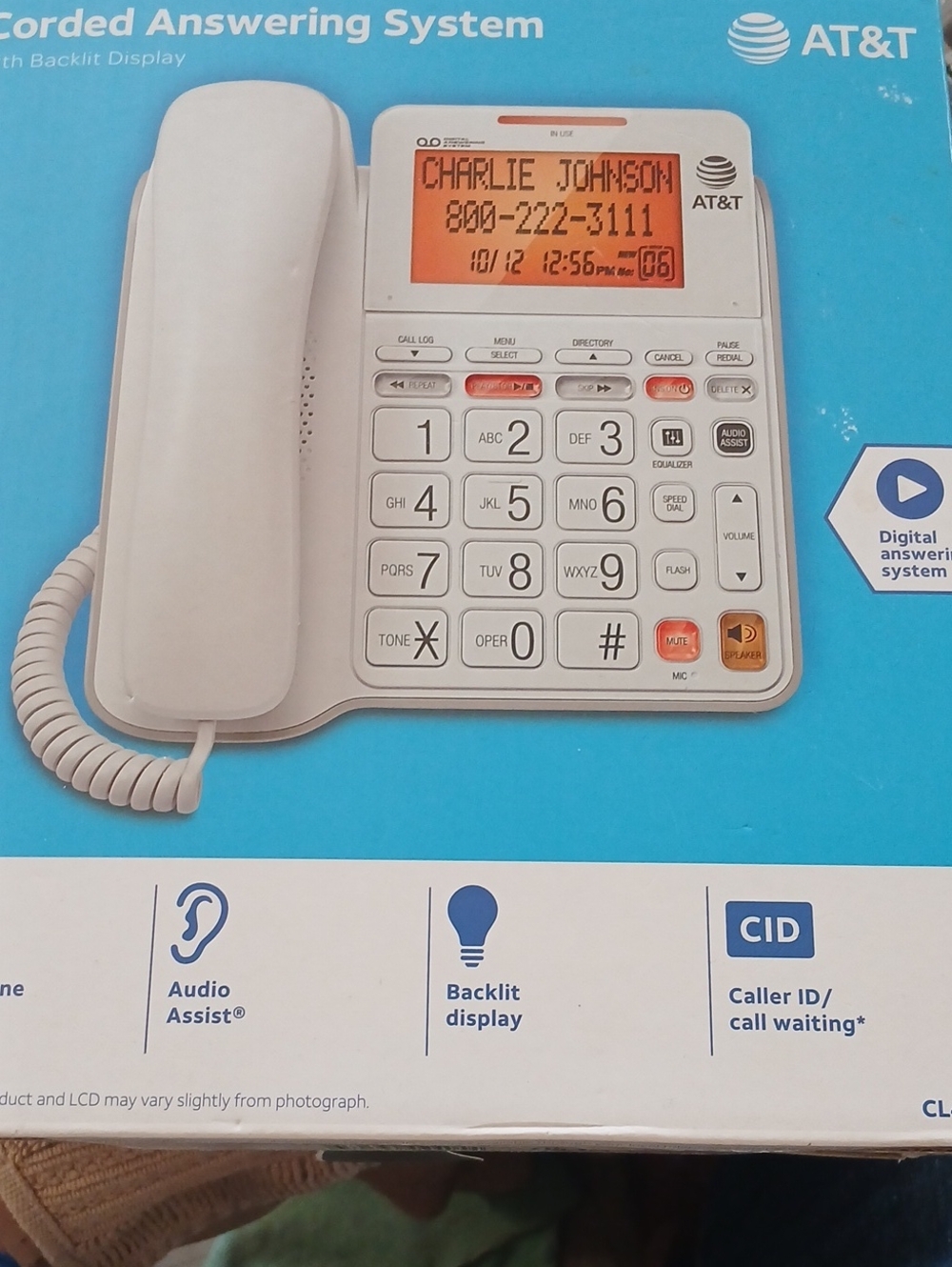 AT&T White Corded Answering Phone with Backlit Display
